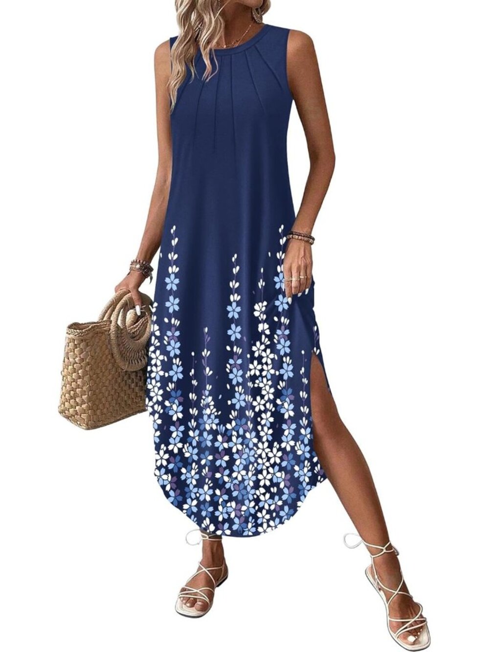Women's Navy Print Summer Dress Casual Long Dress Split Curve Hem Dress Floral